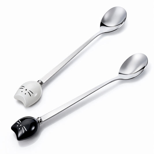 2 Pcs Cute Cat Spoon Set Cute Cat-Shaped Coffee Spoon Set Stainless Steel Tea Coffee Sugar Spoons Milk Drink Stirring Spoones Black and White Cat Design Cartoon Dessert Spoons Sets for Kitchen