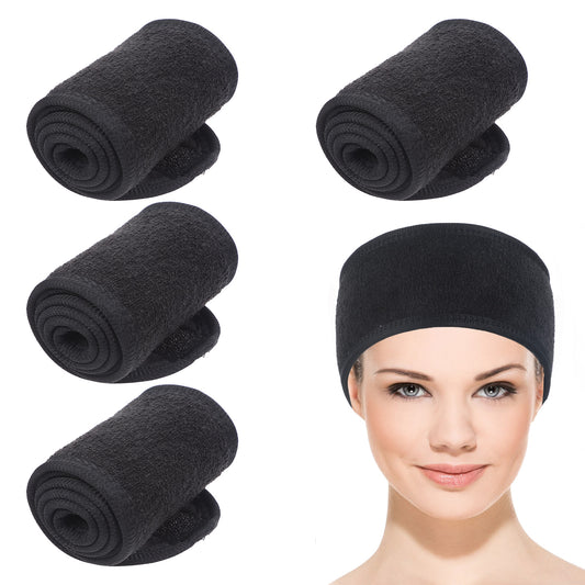 4pcs Spa Facial Headbands, Makeup Hair Headband for Women, Adjustable Towel for Washing Face with Magic Tape, Hair Band for Shower Yoga Skincare, Facial Mask Shower Accessories?Black?