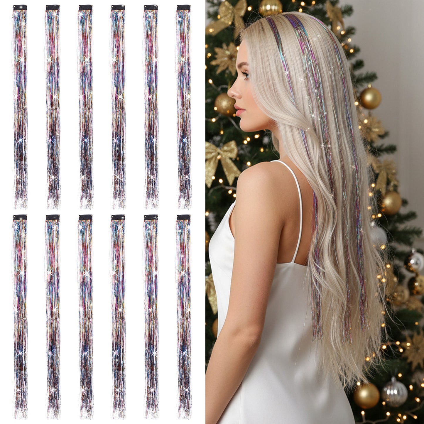 12 Pcs Hair Tinsel Clip in Hair Tinsel Kit, Glitter Sparkle Fairy Hairs Extensions Party Dazzle Highlights Accessories Colorful Heat Resistant Synthetic Fiber For Women Girls Party Festival Cosplay
