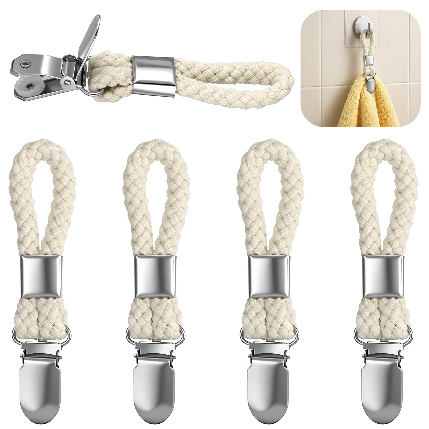 5 Pcs Towel Clips for Kitchen, Hanging Tea Towels Clip Metal Clips with Hanging Loop Kitchen Hand Towel Holder Hook Towels Hangers with Braided Cotton Loop for Bathroom Home Cupboards Cloth Holder