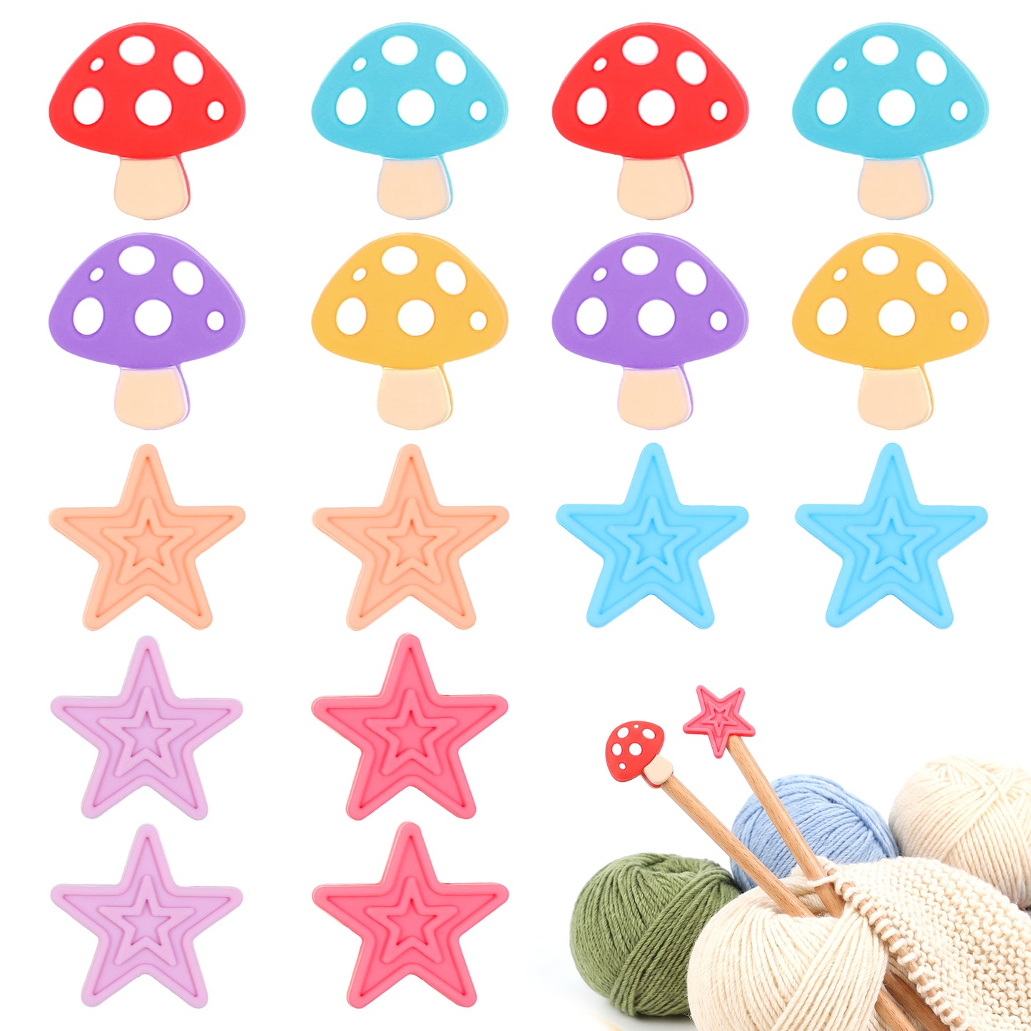 16 Pcs Mushroom and Star Knitting Needle Stoppers, Colorful Cute Silicone Knitting Needles Caps Needle Point Protectors Knittings Accessories for Beginners Craft DIY Quilting Art