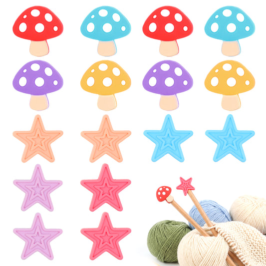 16 Pcs Mushroom and Star Knitting Needle Stoppers, Colorful Cute Silicone Knitting Needles Caps Needle Point Protectors Knittings Accessories for Beginners Craft DIY Quilting Art