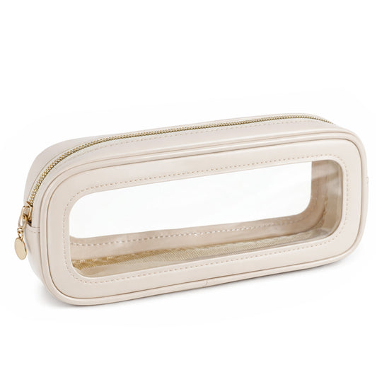 Small Clear Makeup Bag, PU Leather Travel Makeup Brush Bag Portable Transparent Waterproof Cosmetic Organizer Pouch with Zipper for Women Home Travel Office Cosmetic Storage (Beige)