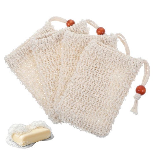 4pcs Sisal Soap Bag, Exfoliating Soap Bag with Drawstring Reusable Mesh Soaps Bags Shower Soaps Saver Bags