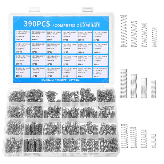 390PCS Compression Springs Assortment Kit, 24 Sizes Mini Stainless Steel Extension Small Springs Assortment Set Mechanical Compression Coil Metal Spring Replacement for DIY, Home, Automotive Repairs