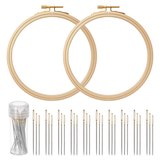 2PCS 6 Inch Embroidery Hoops Frames with 30PCS Embroidery Needle, Round Imitated Wood Cross Stitch Hoop Rings, Hanging Embroiderys Frame Hoop, Circle Display Frame Kits for Embroiderys DIY Ornament