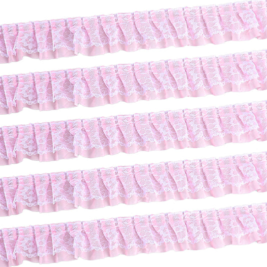 Pink Chiffon Lace Trim 11 Yards Double Layer Lace Pleated Chiffon Trims 2-Layer Ruffle Trim Fabric Ribbon 5cm Vintage Lace Ribbons Embellishments for Sewing DIY Crafts Costume Pillowcase