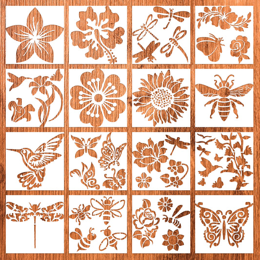 Reusable Stencils for Painting,16 Pack 6x6 Inch Animal Drawing Template Bee and Butterfly Stencils for Painting PET Craft Stencils for Paint Craft Wall DIY Fabric Floor Home Decor Wood Signs
