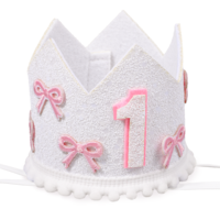 Hariendny Pink Bow 1st Birthday Hat, Soft Felt First Birthday Crown Girl, One Year Old Girls Cake Smash Photo Props