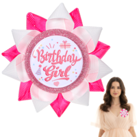 Handmade Birthday Girl Button, White Hot Pink Grosgrain Ribbon Happy Birthday Girl Pin Glitter Happy Birthdays Girls Badge Pins Decorations for Women Girls Birthdays Party Supplies