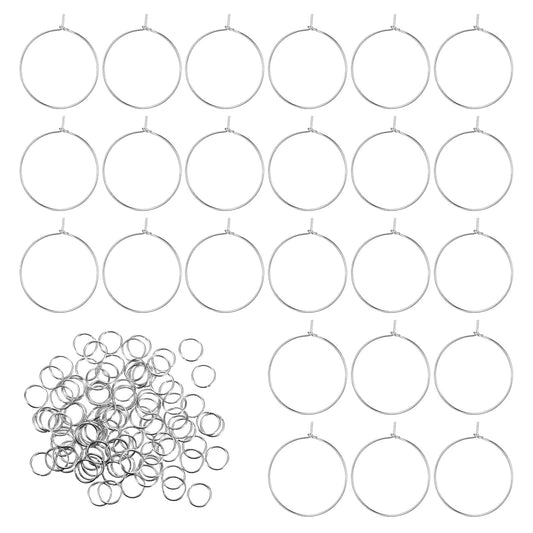 Xelsluthe 50 PCS Wine Glass Charm Rings 25mm, 100 PCS Silver Plated 7mm Earring Beading Hoop Jump Rings for Jewelry Making, Wine Glass Markers for Birthday Party Wedding Festival Favor