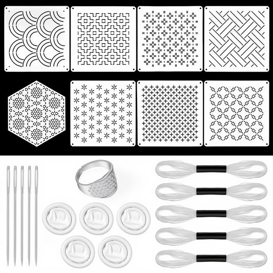 Exclaith 24 Pcs Sashiko Kit with 8Pcs 4.7 x 4.7 Inch Geometric Pattern Sashiko Stencil 1Pcs Thimble and 5Pcs Finger Cots 5Pcs Needles 5Thread for Hand Quilting Sewing and Mending Crafts