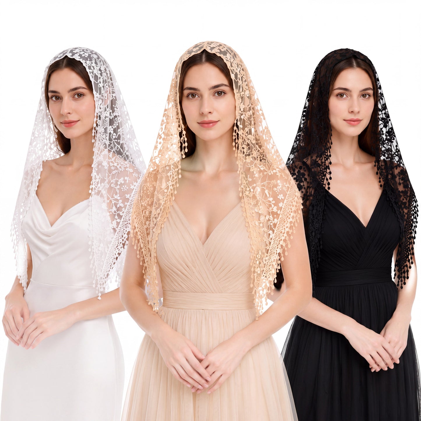 3 Pcs Mantilla Catholic Chapel Veils, Triangle Veil Cathedral Head Covering Triangle Lace Tulle Scarf Covering for Women Church Headband Floral Headwrap Latin Mass Veils for Wedding, Black,White,Beige