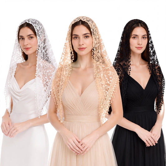 3 Pcs Mantilla Catholic Chapel Veils, Triangle Veil Cathedral Head Covering Triangle Lace Tulle Scarf Covering for Women Church Headband Floral Headwrap Latin Mass Veils for Wedding, Black,White,Beige