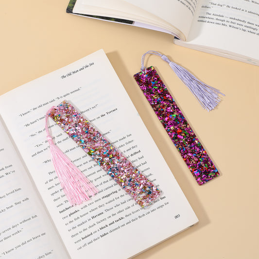 2 Pcs Glitter Bookmarks for Girls Women Resin Glitter Bookmarks with Colorful Silk Tassels Glitterr Acrylic Bookmark for Women Girls Book Lovers Reading Presents, Pink, Purple