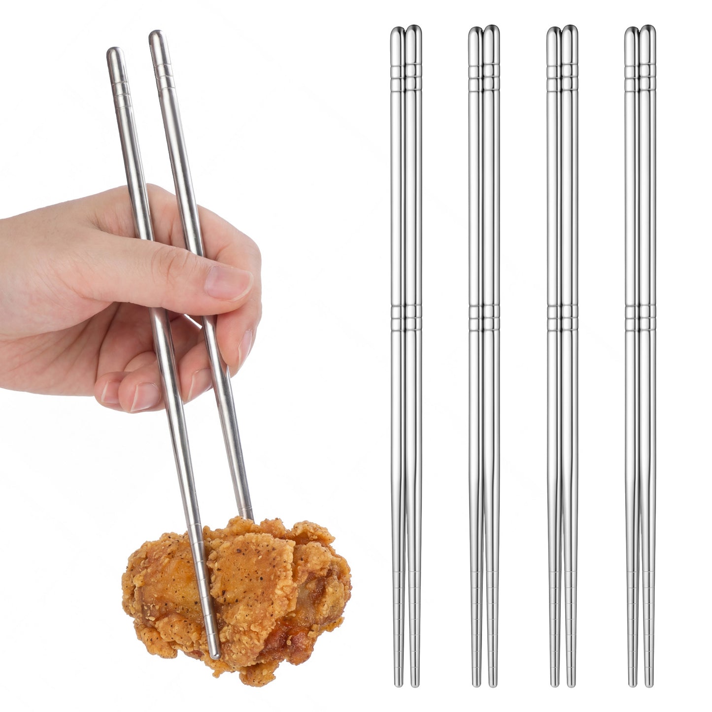 Stainless Steel Chopsticks, 5 Pairs Silver Reusable Chopsticks Metal Cooking Chopstick Lightweight Non-Slip Hollow Chop Sticks for Home Kitchen Travel, Dishwasher Safe