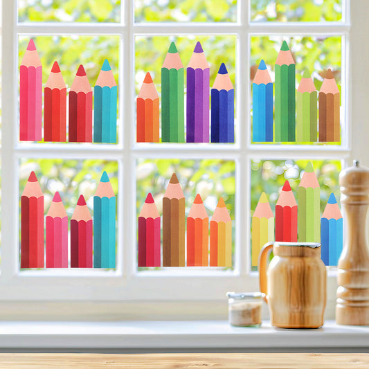 9 Sheets Watercolor Pencil Window Clings Colorful Pencils Window Decals Large Double-Sided Window Stickers Stained Glass Window Decal for Party Supplies Home Wall Glass Blackboard Decorations