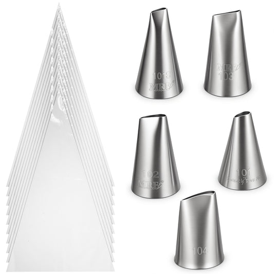 5 Pcs Flower Piping Tips Petal Tips Set Piping Nozzles Rose Icing Flower Tip Cakes Decor Pastry Tools with 10 Pcs Pipings Bags for Cake Decorating Floral Designs Bows Small Roses