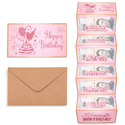 Birthday Money Envelope, Pink Cash Gift Envelopes Surprise Cash Envelope for Wife Women Folding Happy Birthday Money Gift Ideas for Men Party Present