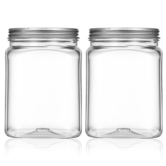 24 Oz Plastic Jars with Lids, Square Plastic Mason Jars Clear Empty Food Storage Jar Reusable Kitchen Plastics Jar Refillable Canisters with Lids for Dry Food Peanut Butter Kitchen Organizing, 2 Pack