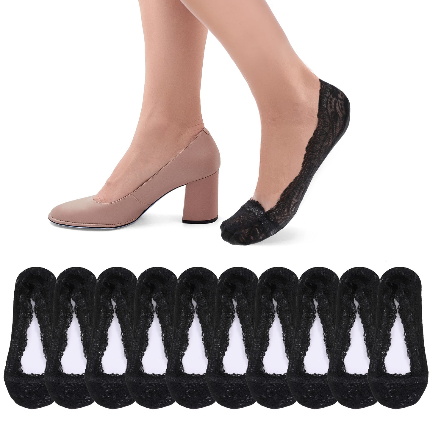 Zyghjort 6 Pairs Black Lace Socks Women No Show Non Slip Socks Low Cut Invisible Thin Sock Fashion Liner No Show Sock for Women with Flats, Pumps