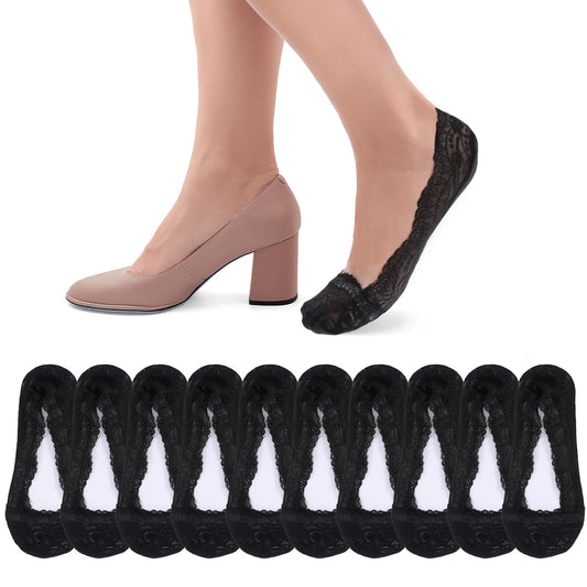 Zyghjort 6 Pairs Black Lace Socks Women No Show Non Slip Socks Low Cut Invisible Thin Sock Fashion Liner No Show Sock for Women with Flats, Pumps