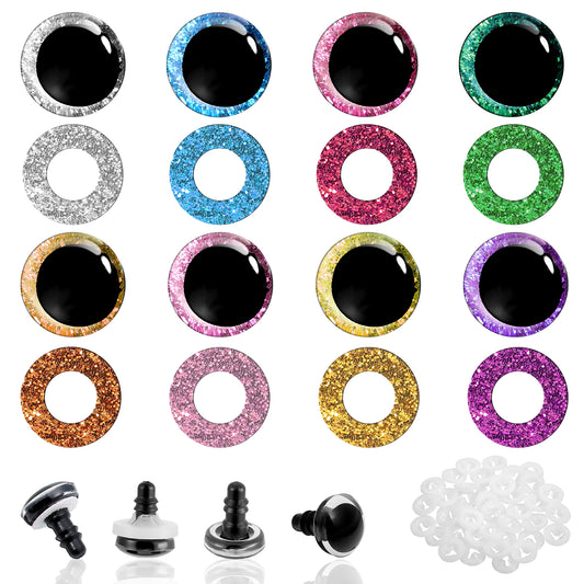 40PCS Glitter Safety Eyes for Amigurumi 12mm 3D Glitter Crochet Doll with Washers 8 Colors Round Crochet Eyes Doll Eye for DIY Puppet Plush Stuffed Animals Making DIY Halloween Decorations