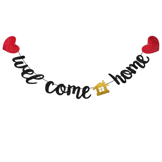 Pre-Strung Welcome Home Banner, Welcome Back Party Decorations Black Glitter Home Party Sign Decors Banner Welcome Home Banner Decorations Family Theme Party Supplies For Homecoming Returning