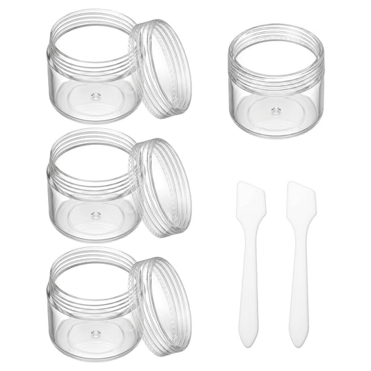 4PCS Travel Pots, 20ml Plastic Wide Mouth Travel Containers for Toiletries with Lids Leakproof Small Plastic Pots with 2 Pcs Spatulas for Creams, Lotion, Cosmetics, Glitter Nail Art, Transparent