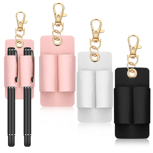 3 Pcs Double Hole Genuine Leather Pen Holder with Keychain Anti-Lost Lanyard Pen Holder Attachment Portable Pocket Clip for Nurses Couriers Clerks (Black White Pink)