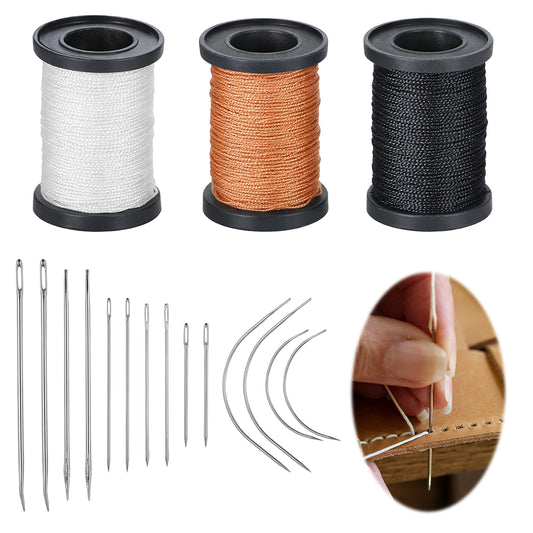 17 Pcs Heavy Duty Nylon Upholstery Sewing Kit 3 Rolls 55 Yards Waxed Thread with 14 Pcs Leather Needles Repair Sewing Kit Upholstery Repair Kits for Leather Carpet Furniture Shoe