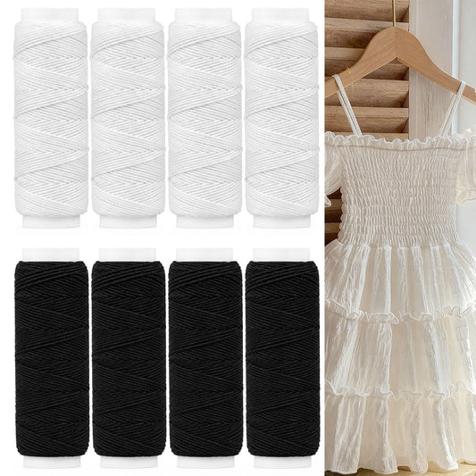 8 Roll Elastic Thread for Sewing Machine 0.5mm Fabric Elastic Cord White and Black Stretchy String for Shirring, Gathering(120 m)