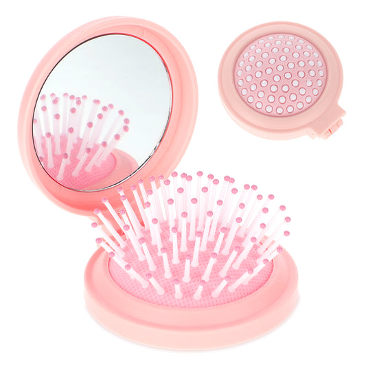 Travel Hair Brush with Mirror, Folding Mini Hair Brush Round Pocket Brush Compact Travel Brushes for Hair, Foldable Mini Purse Mirror Portable Hair Brush Mini Massage Comb for Women and Girls (Pink)