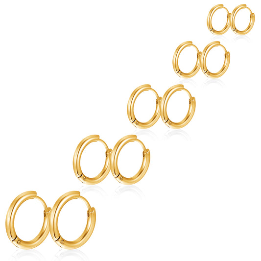 5 Pairs Hoop Earrings Gold Small Hoop Earrings Solid Hoop Earrings Stainless Steel Hoop Earrings 8mm 10mm 12mm 14mm 16mm Huggie Hoop Earrings Piercings Cartilage Earring Hoop for Women Men